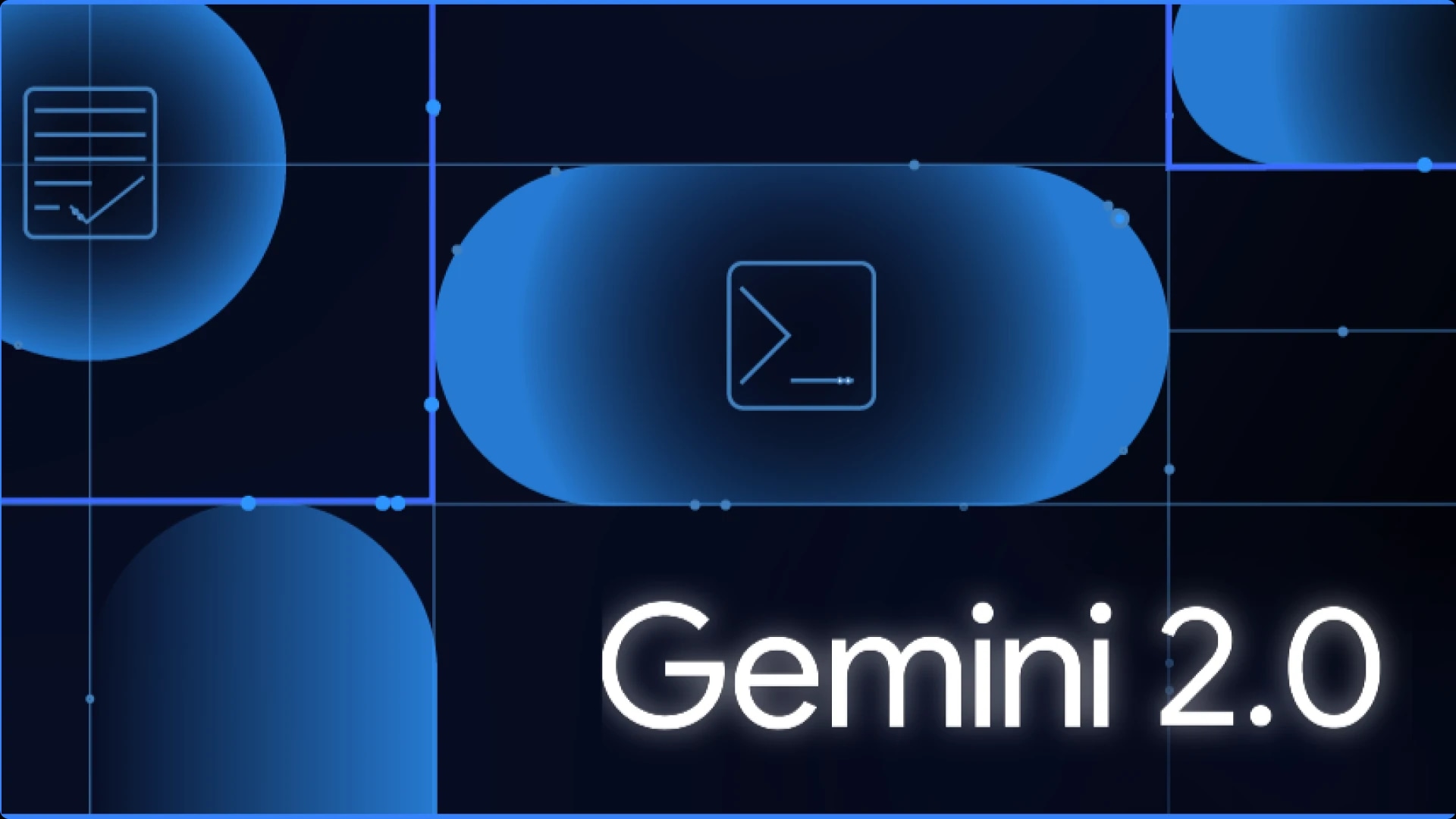 Gemini 2.0 logo with a dark background and blue geometric shapes.