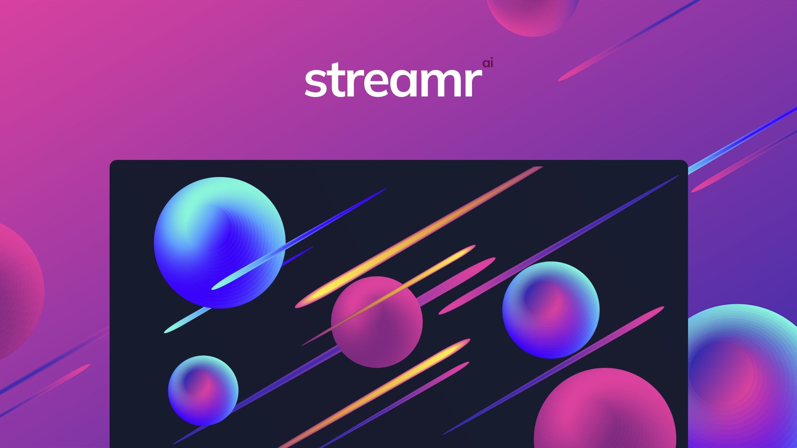 Abstract digital illustration with colorful spheres and streaks on a dark background, with a purple gradient background.