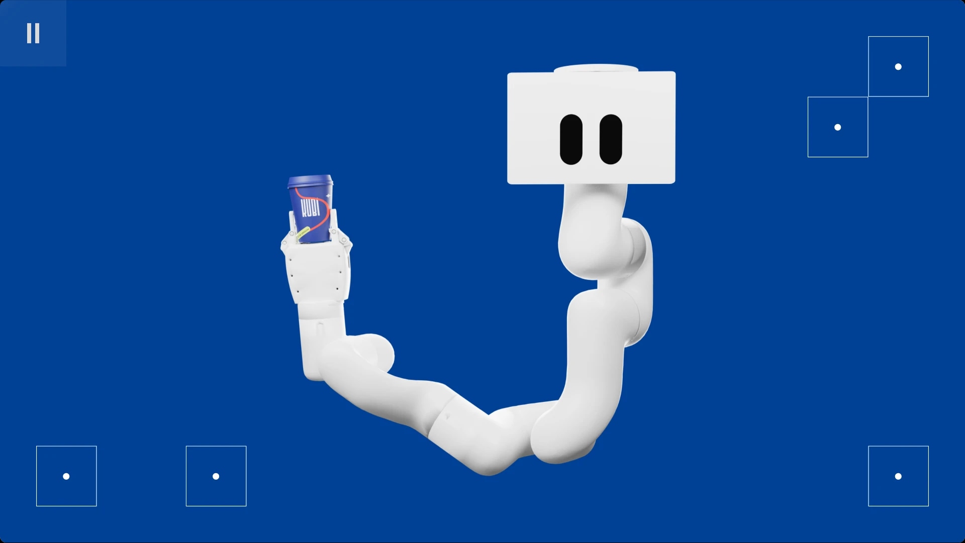 A robotic arm holding a can of Red Bull energy drink against a blue background.