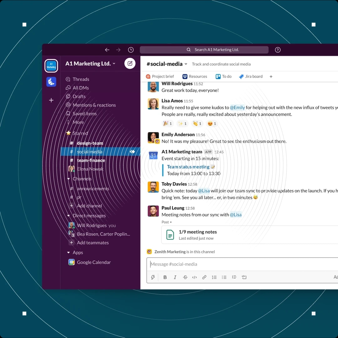 Screenshot of a Slack workspace with a channel named #social-media, showing messages, user icons, and a sidebar with various channels and apps.