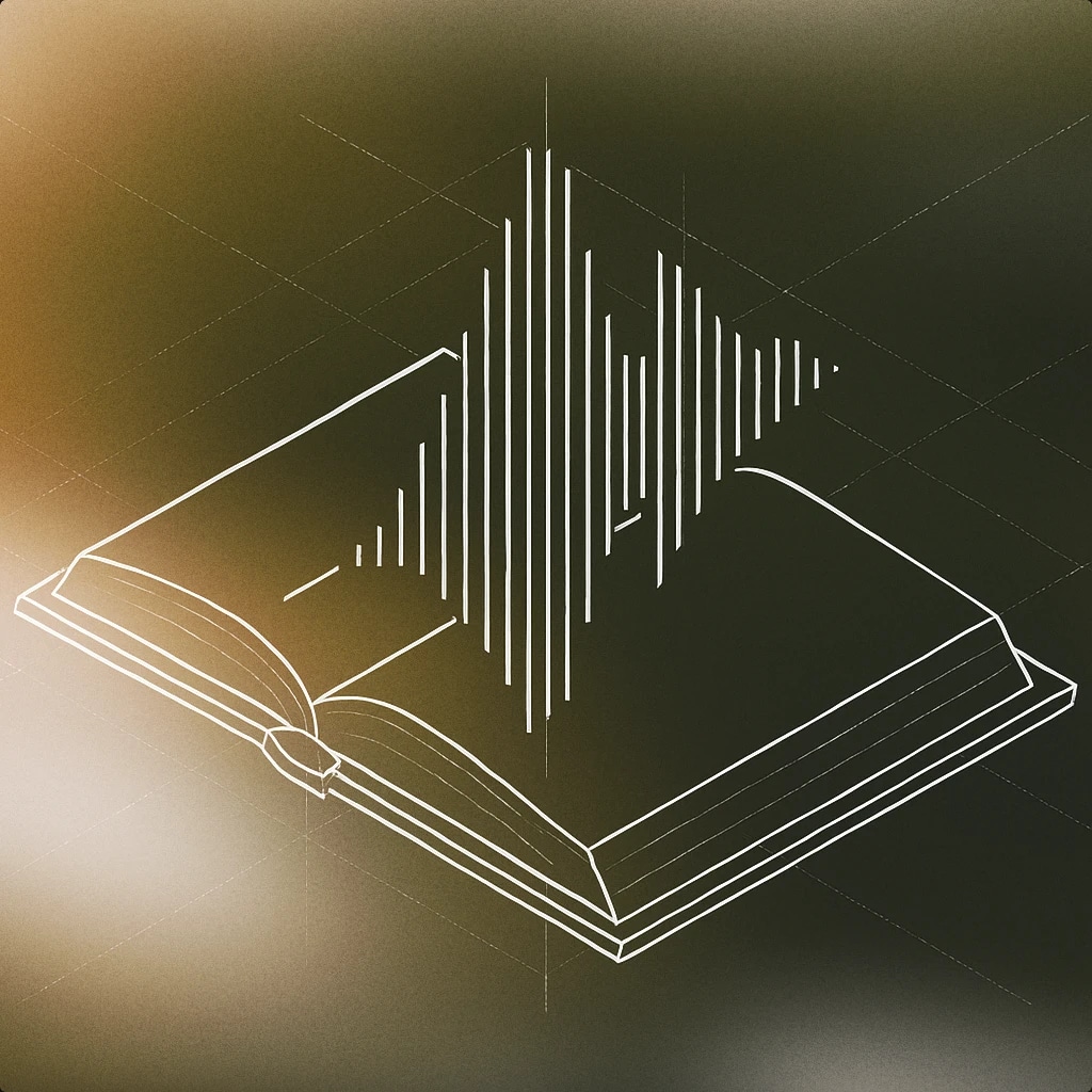 Cover of an open book with stylized soundwave lines emanating from its pages for Book sound effects