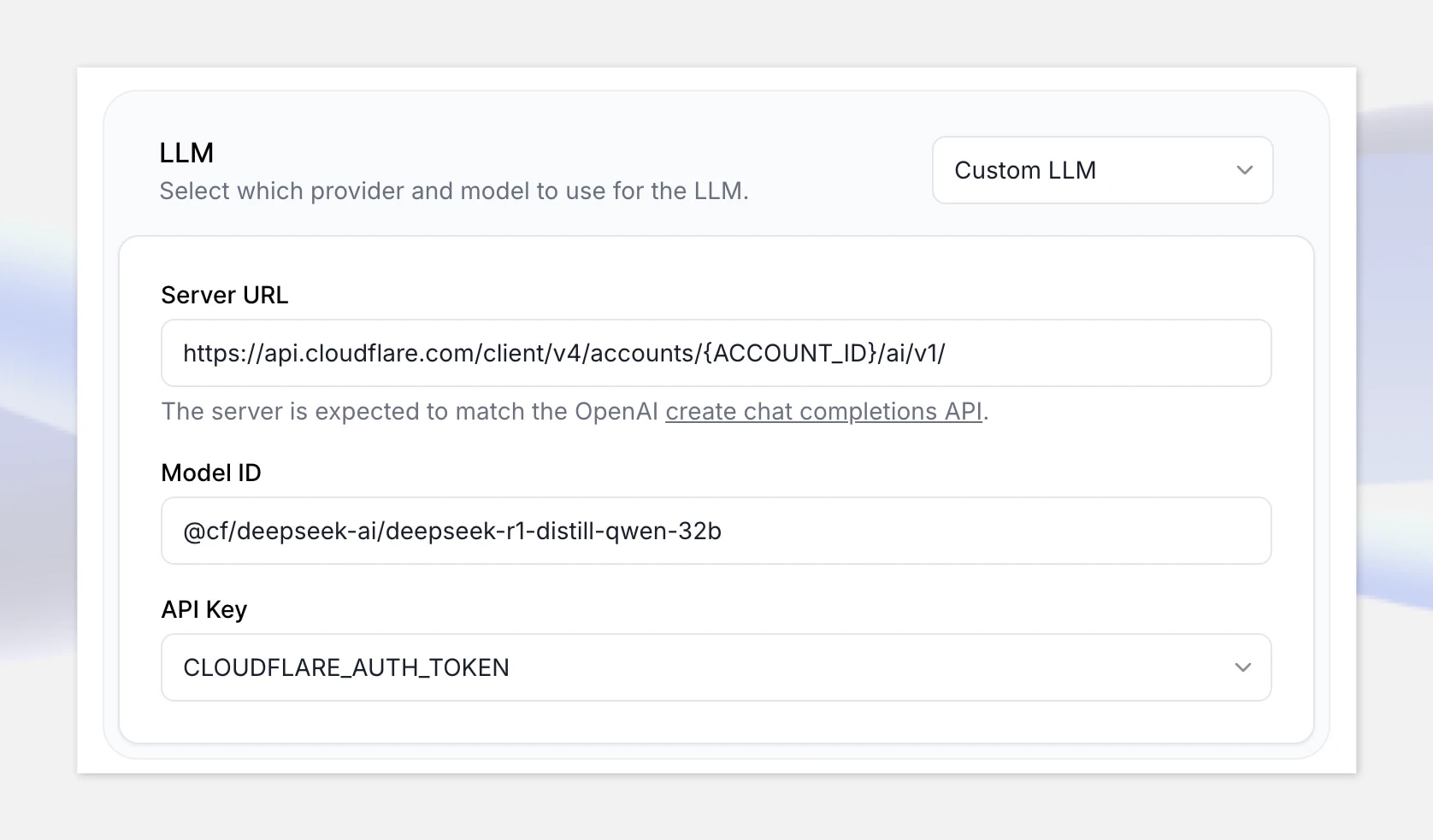 Screenshot of a web interface for configuring a custom Large Language Model (LLM) with fields for server URL, model ID, and API key.
