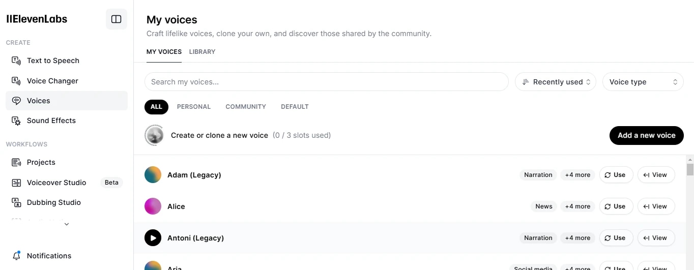 Screenshot of the ElevenLabs voice creation interface showing a list of saved voices, including Adam, Alice, and Antoni, with options to use or view each voice.