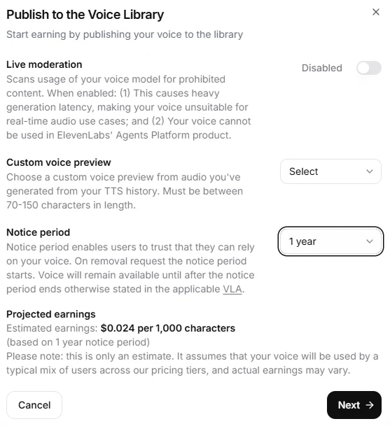 Voice Library Sharing Options settings screen showing toggle for financial rewards, notice period, rate selection, moderation, and preview options.