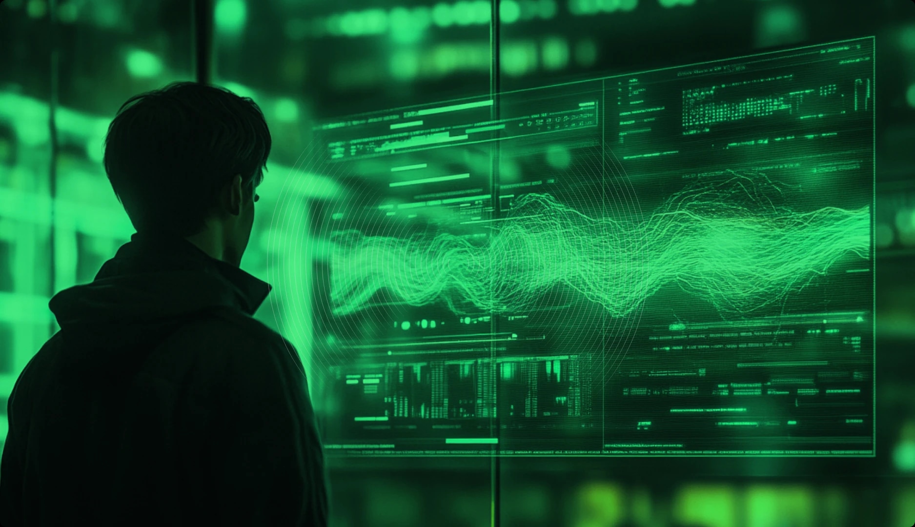 A person looking at a large digital screen displaying green data visualizations and graphs.