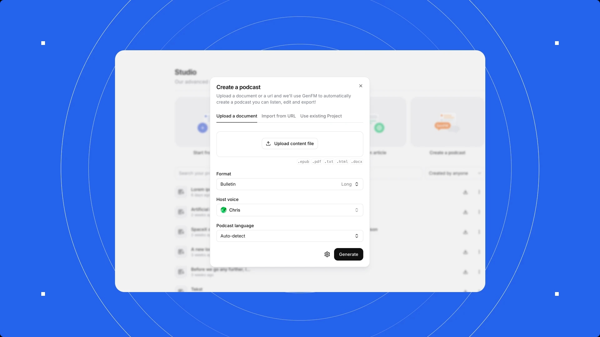 Screenshot of a podcast creation interface with options to upload a document, select format, host voice, and language.
