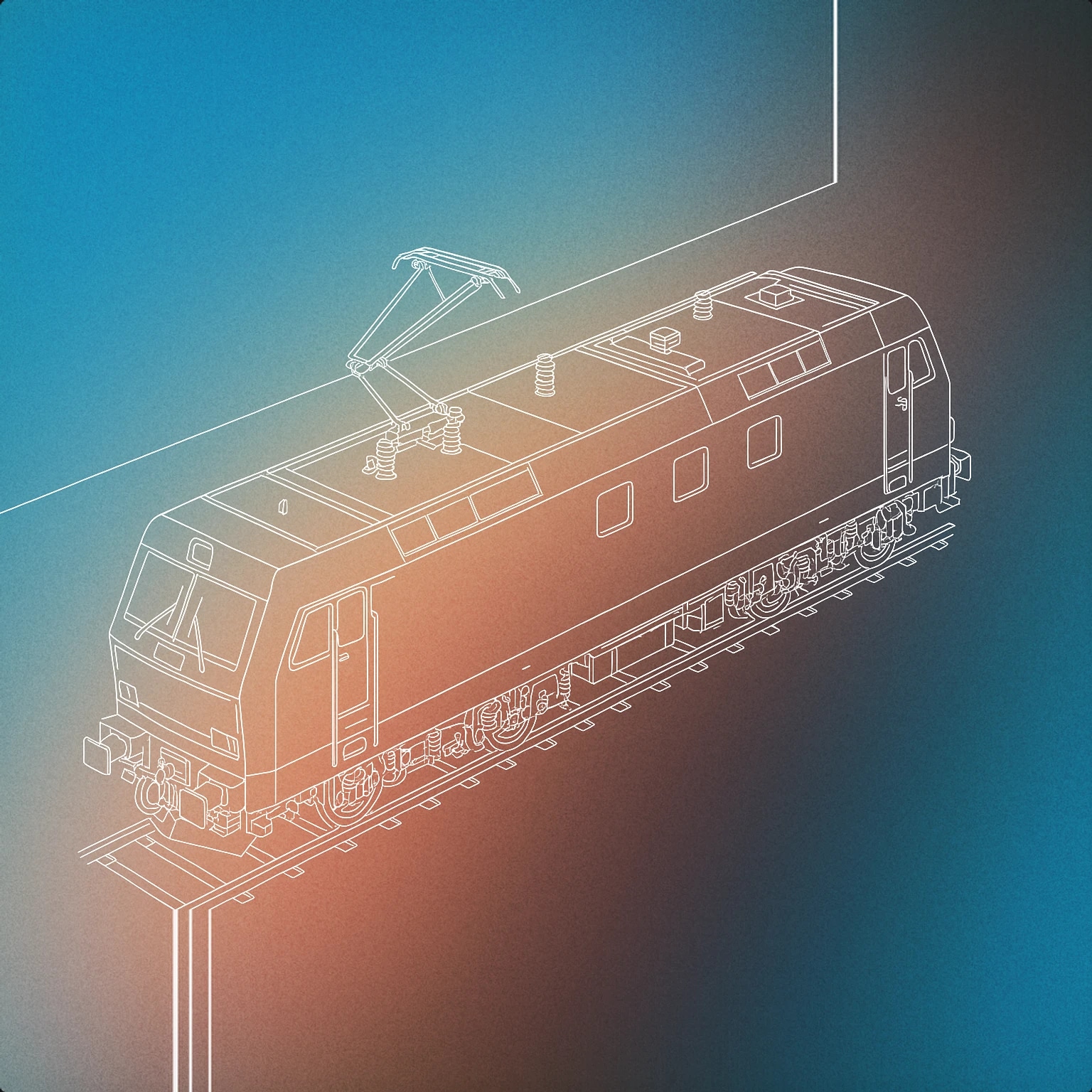 Cover of stylized overhead view of a modern electric locomotive with visible pantograph connecting to a single wire above for Electric Train sound effects