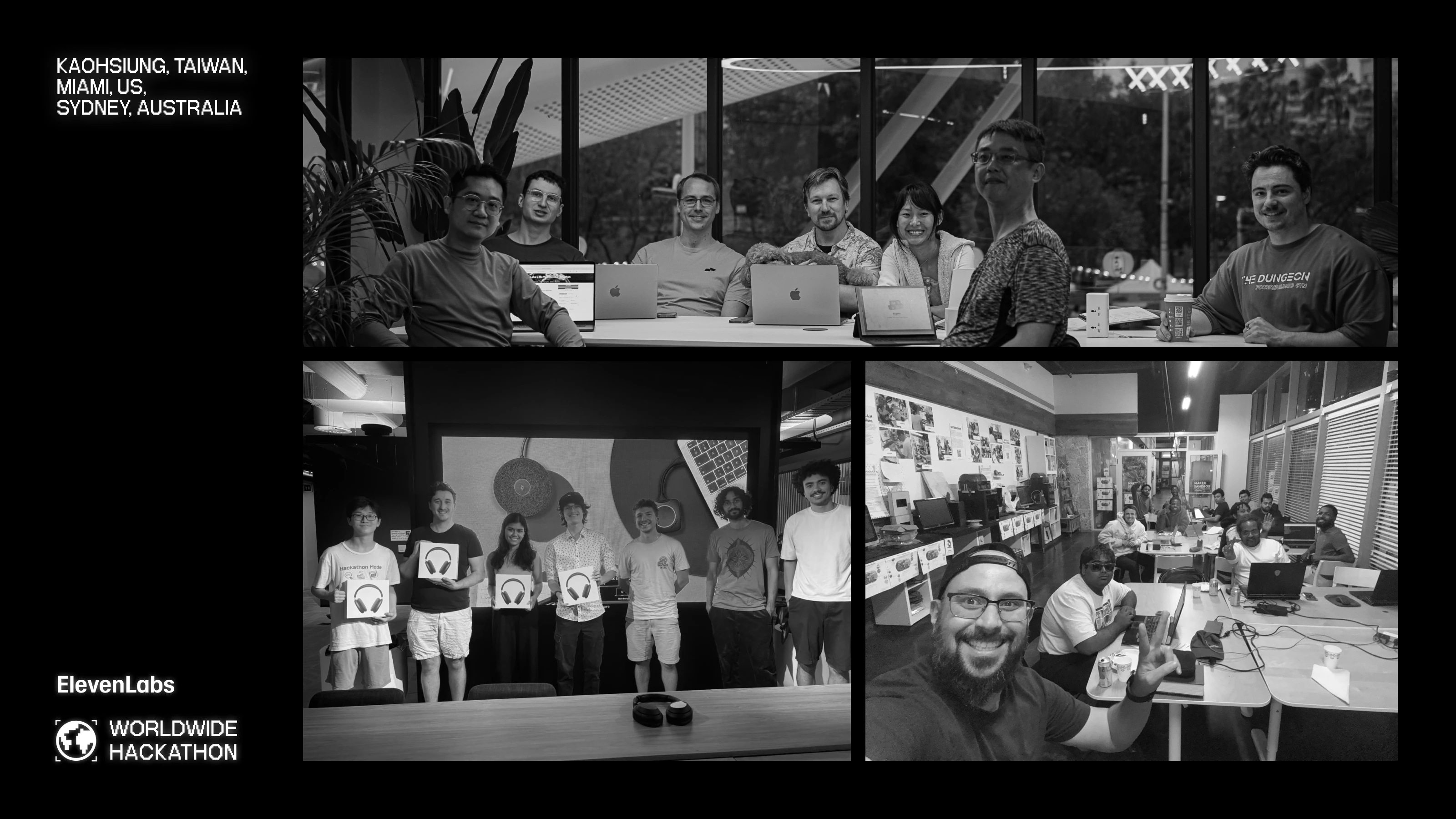 Group photos of people working and celebrating at a hackathon event in different locations.