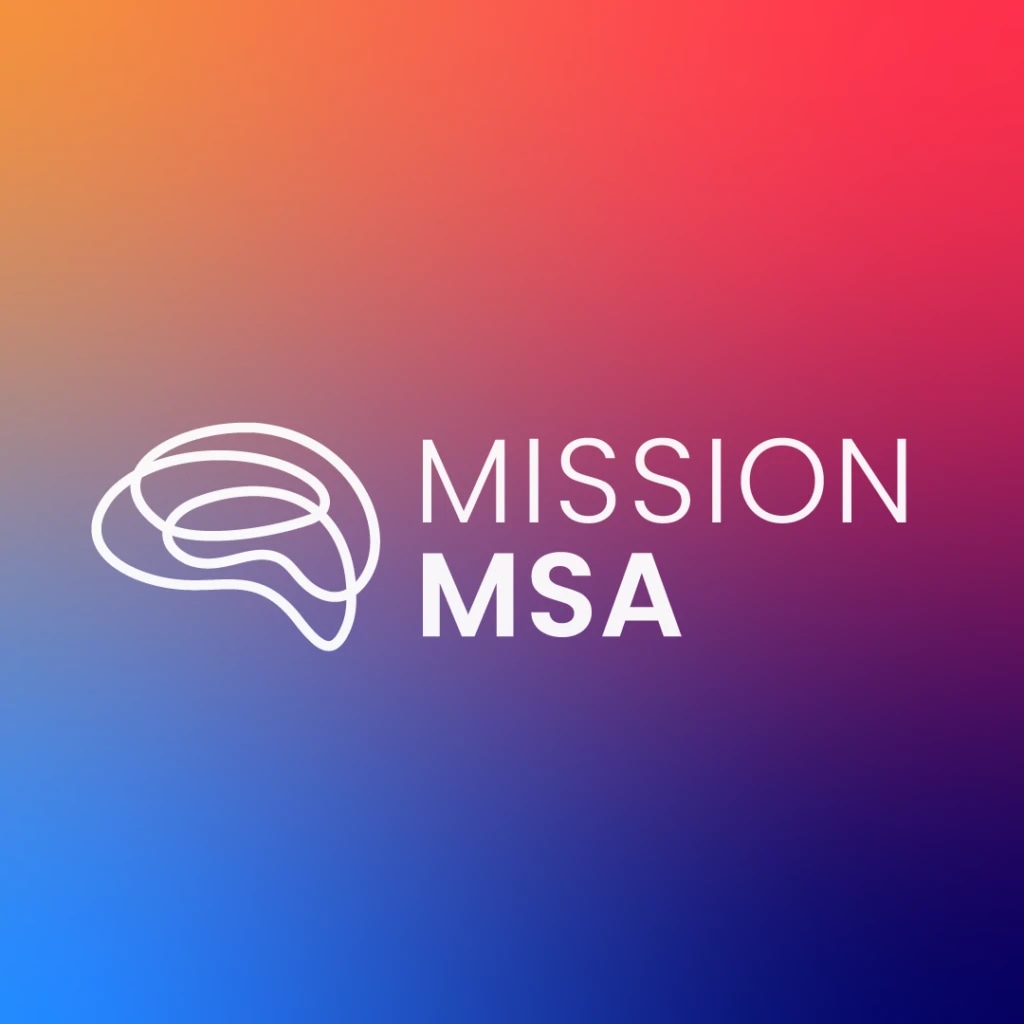 Mission MSA logo with a stylized brain outline on a colorful gradient background.