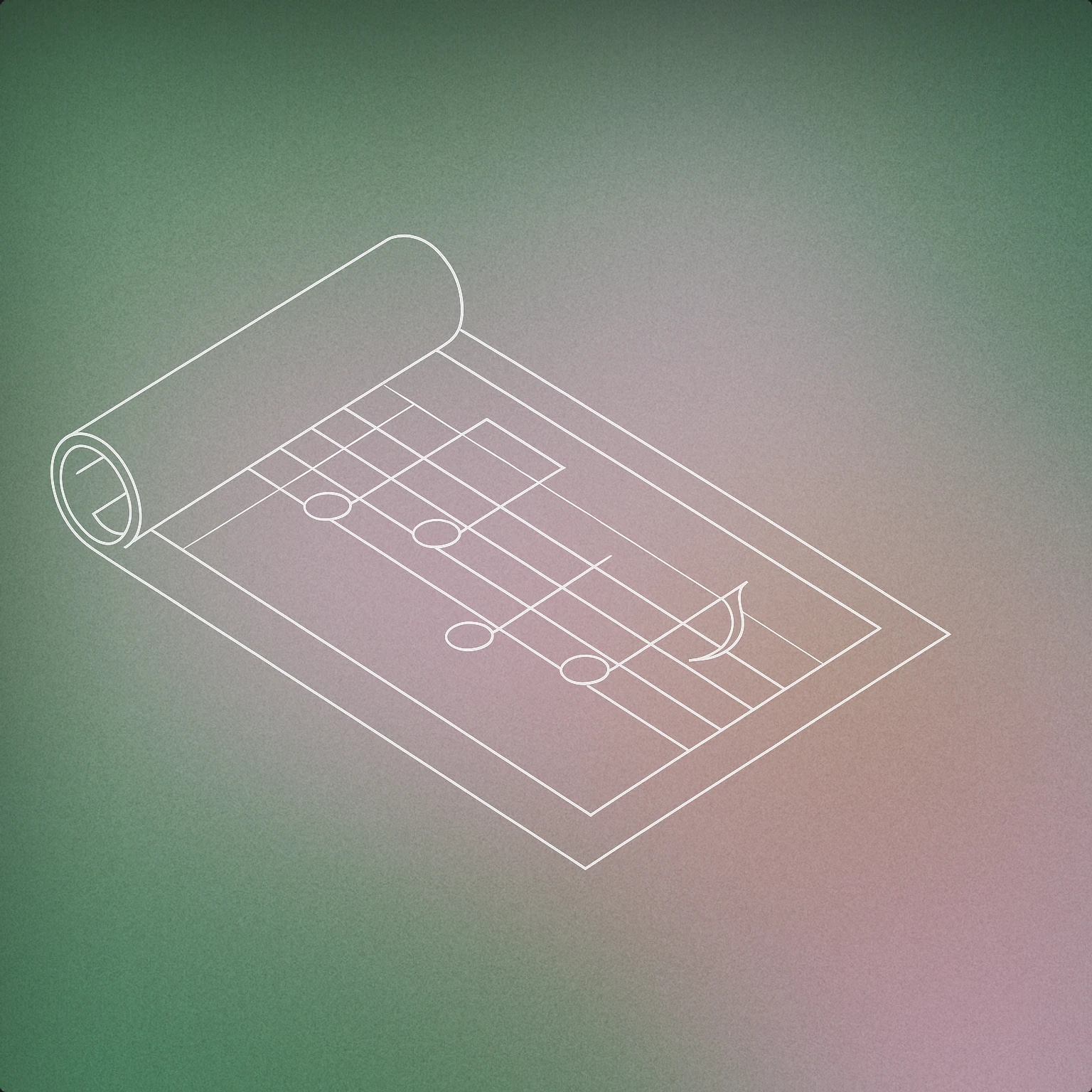Cover of unrolled paper blueprint featuring musical notation lines and a few large notes for Plan sound effects