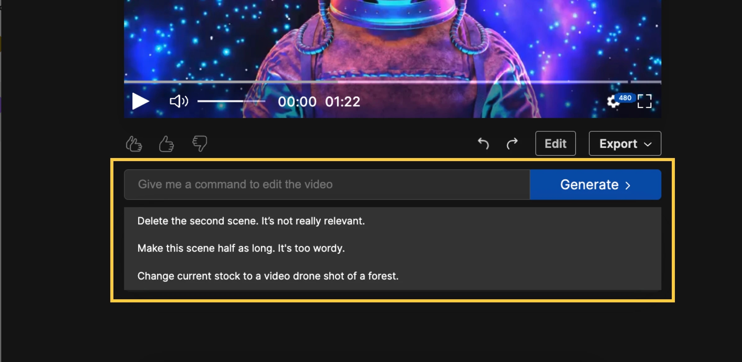 A video editing interface with a command input box and suggestions for editing a scene, including deleting the second scene, making a scene shorter, and changing the stock footage.