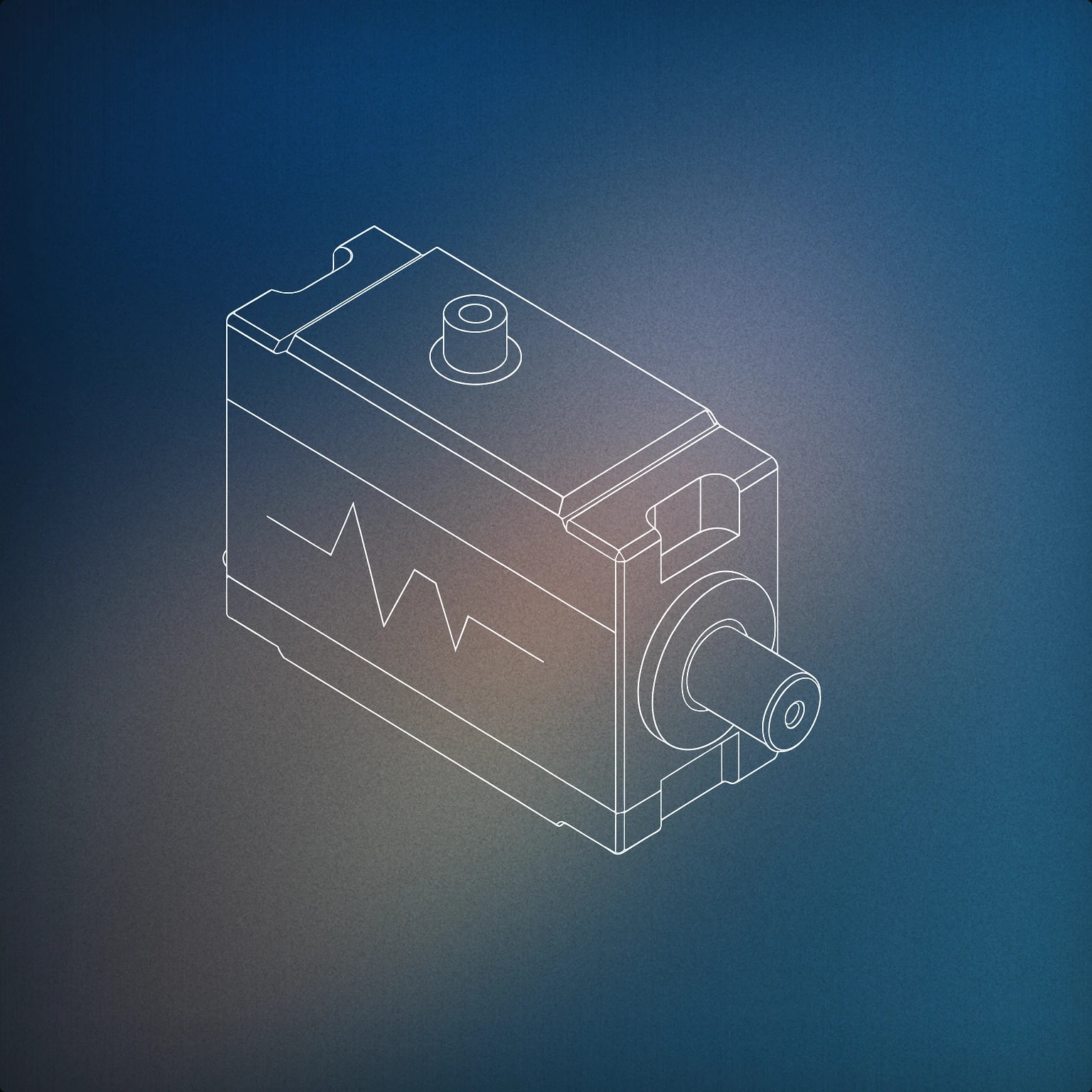 Cover of servo motor with a visible rotary shaft and a simplified waveform etched onto its casing for Servo Motor sound effects