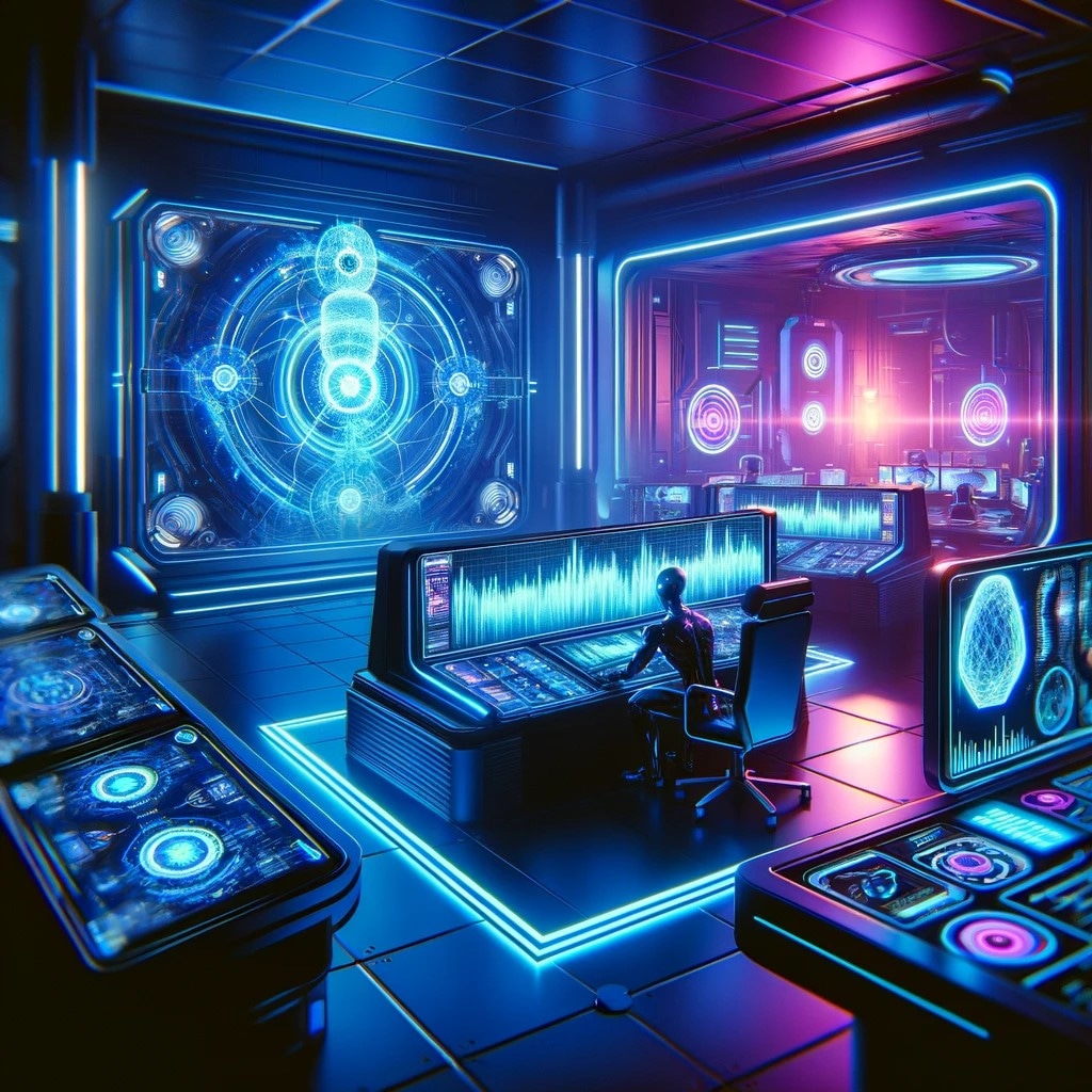 A futuristic control room with holographic displays and neon blue and pink lighting.
