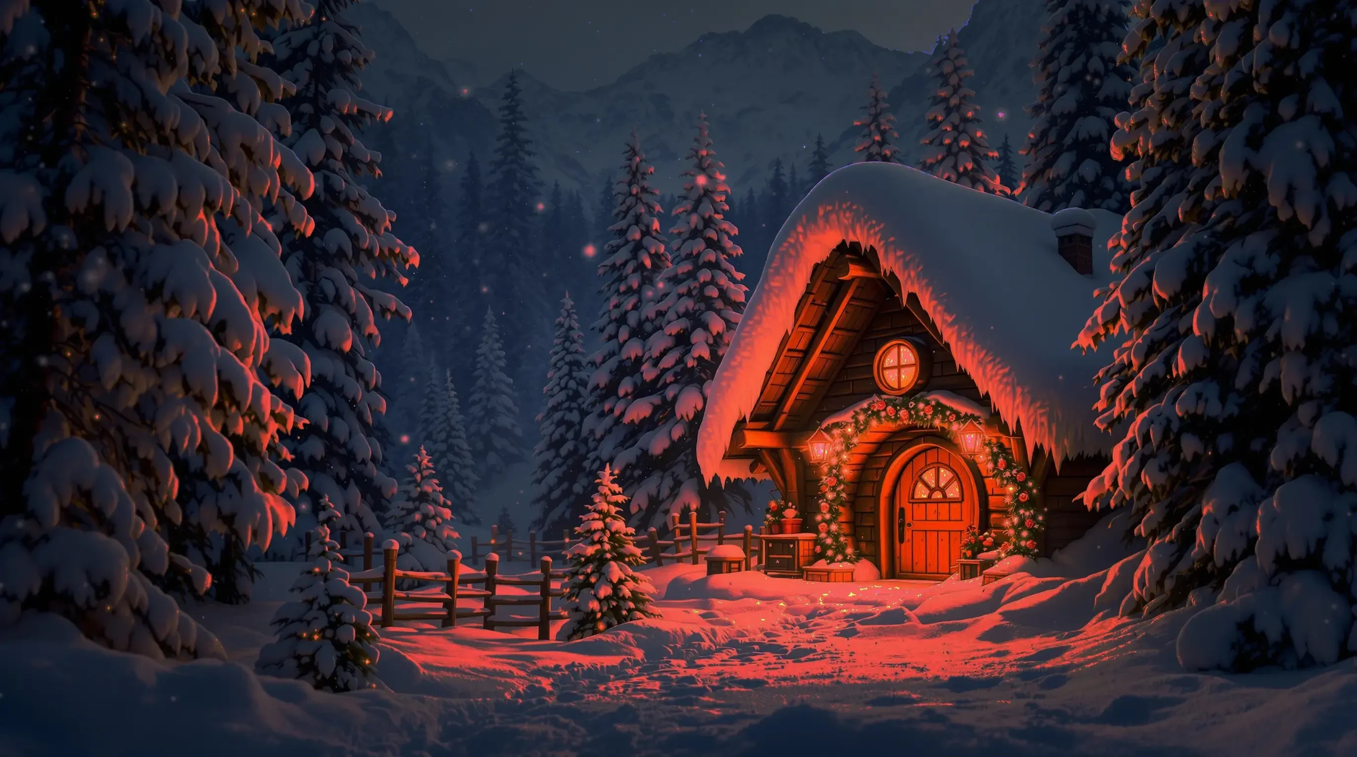 A cozy snow-covered cabin decorated with Christmas lights and surrounded by tall, snow-laden pine trees at night.