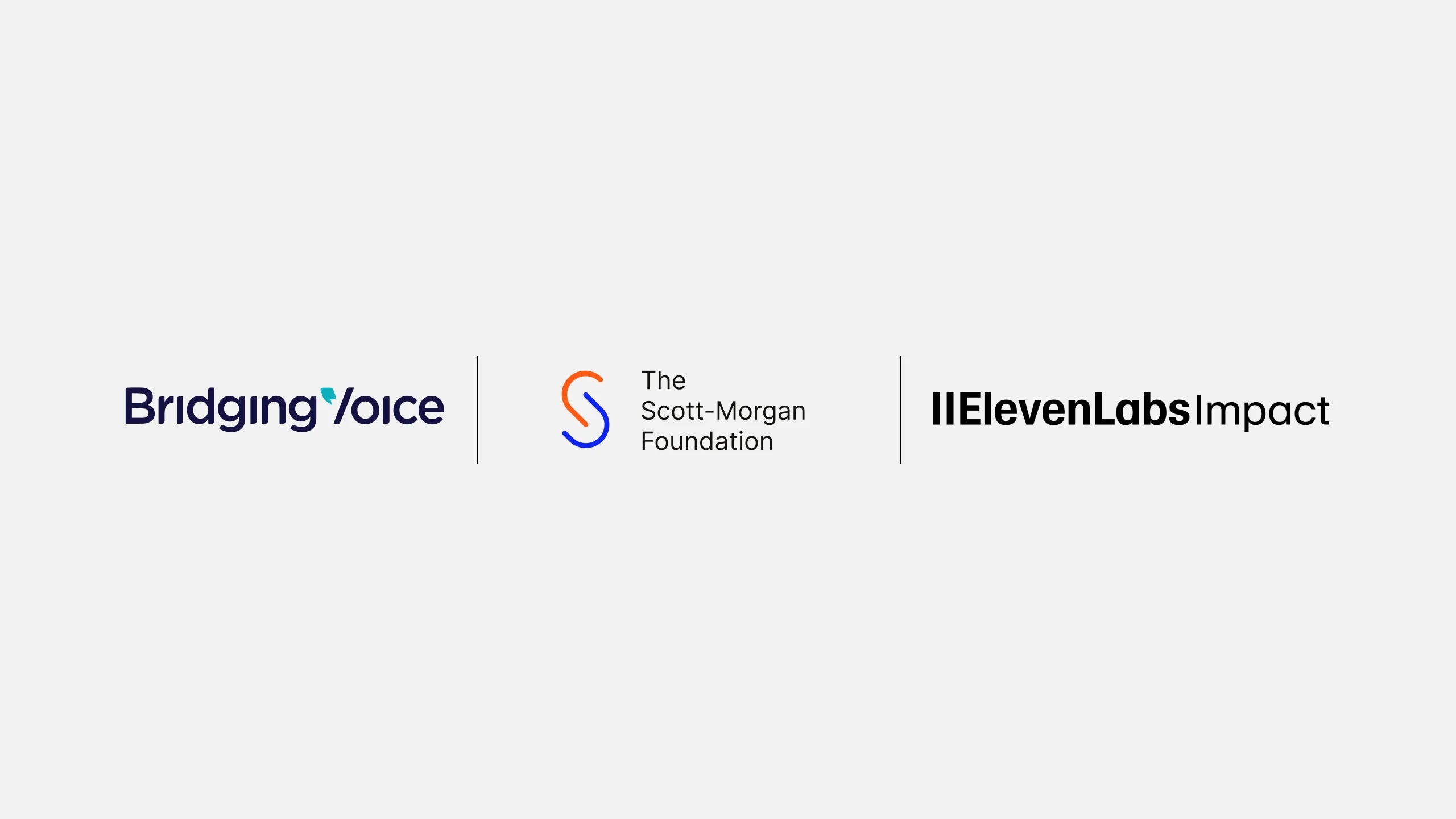 Bridging Voice, The Scott-Morgan Foundation, and ElevenLabs Impact logos on a light gray background.