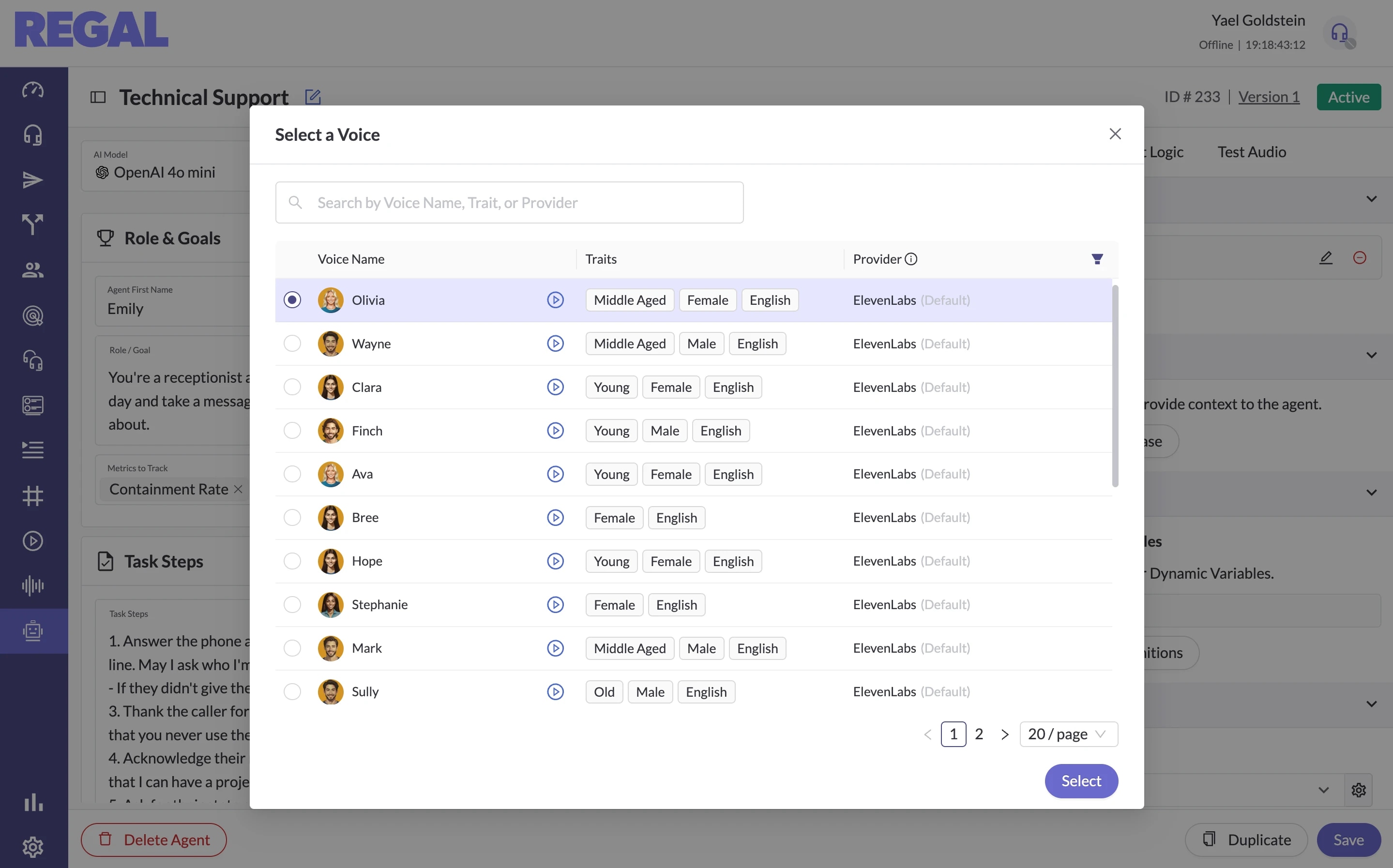elevenlabs voices available for selection in regal
