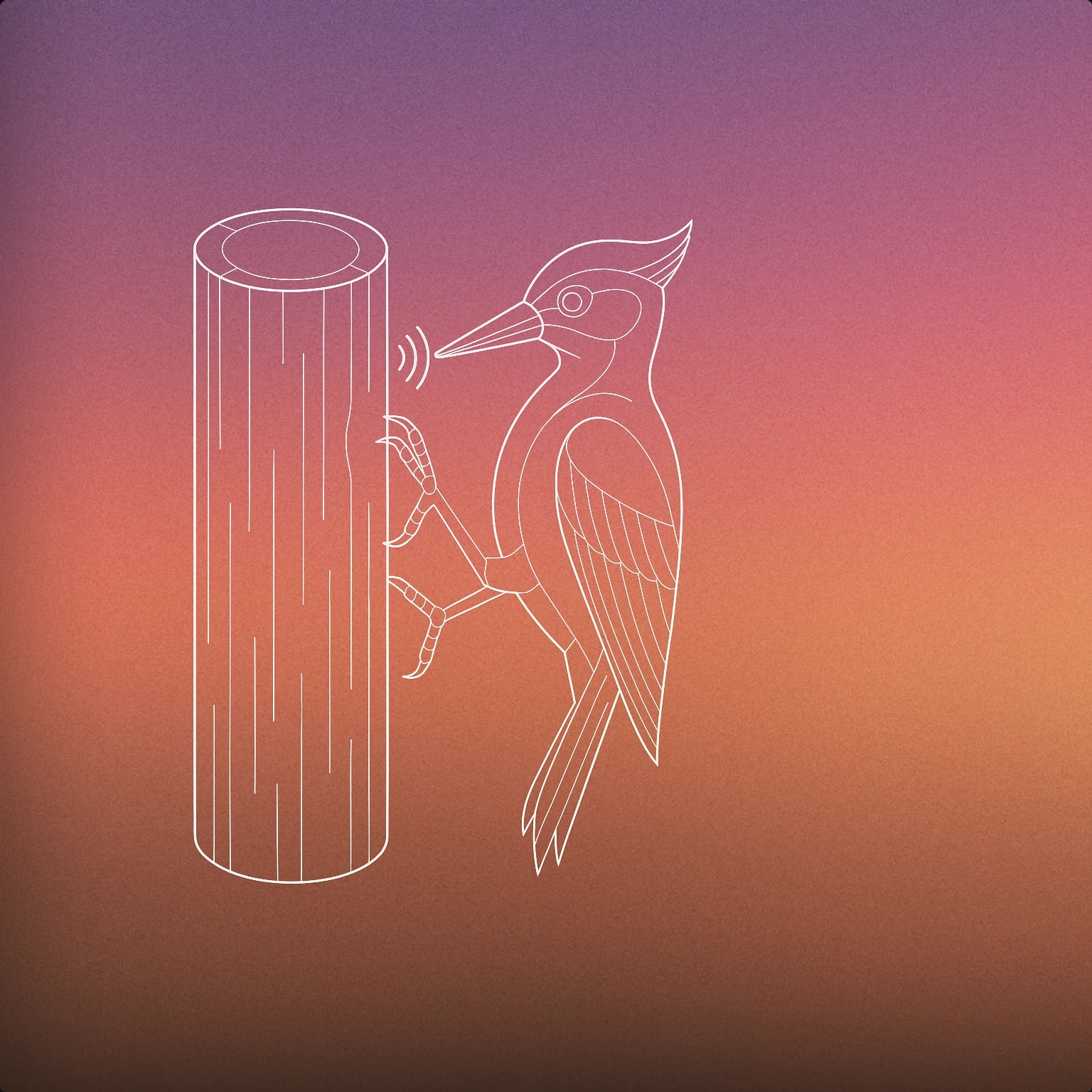 Cover of A stylized woodpecker perched on the side of a cylindrical tree trunk, with its beak touching the wood and a single, clean soundwave emanating from the point of contact for Woodpecker sound effects
