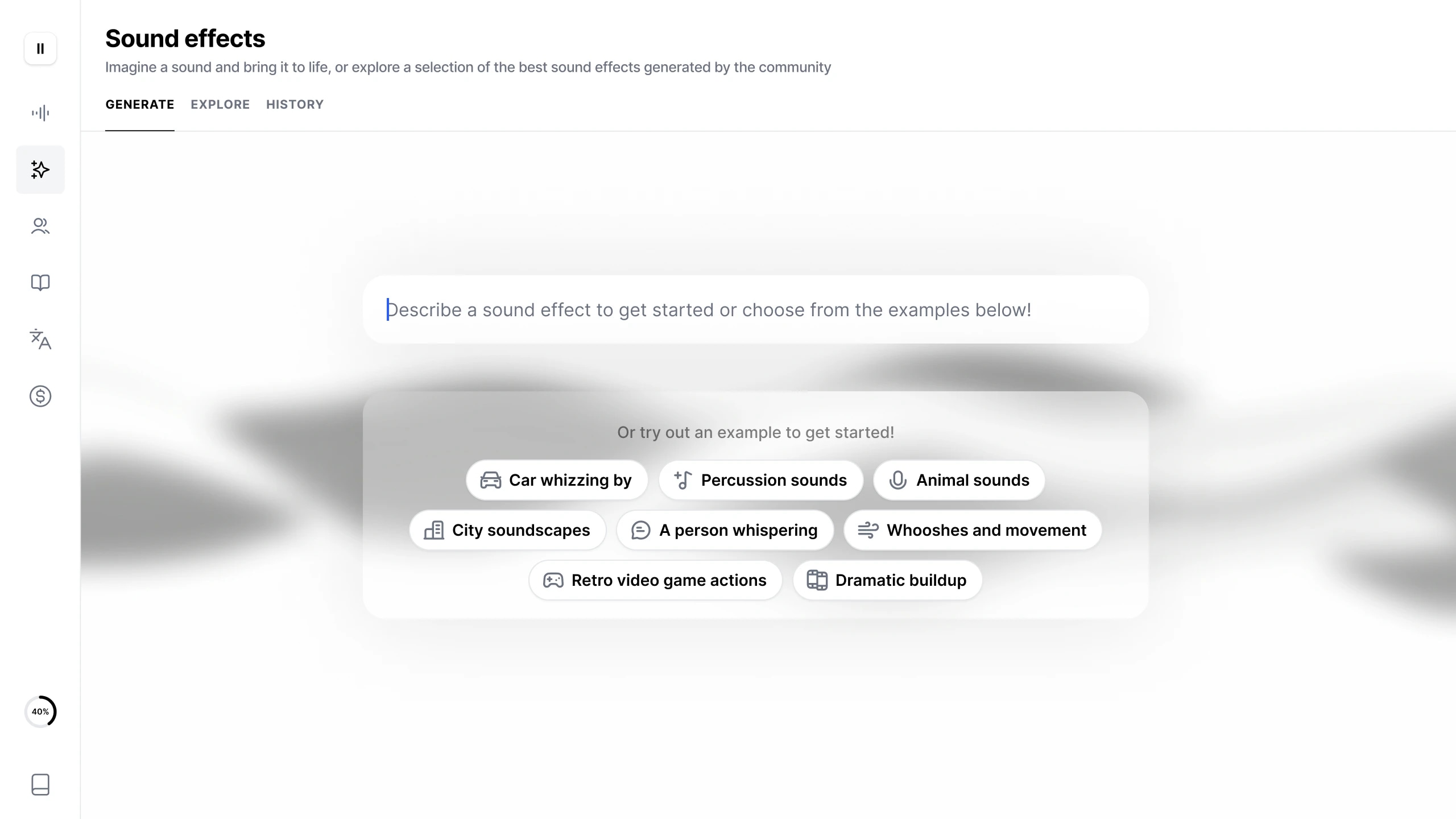 Screenshot of a sound effects generator webpage with options for different sound effects like car whizzing, percussion, animal sounds, city soundscapes, whispering, whooshes, retro video game actions, and dramatic buildup.