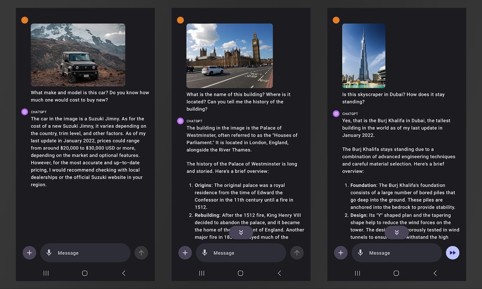 Three screenshots of a mobile app displaying text-based answers to questions about a car, a building, and a skyscraper, with images of a Suzuki Jimny, the Palace of Westminster, and the Burj Khalifa.