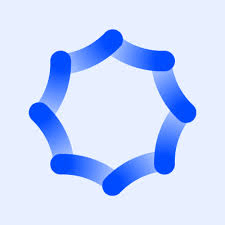 A blue, abstract, pentagon-shaped design with rounded edges.