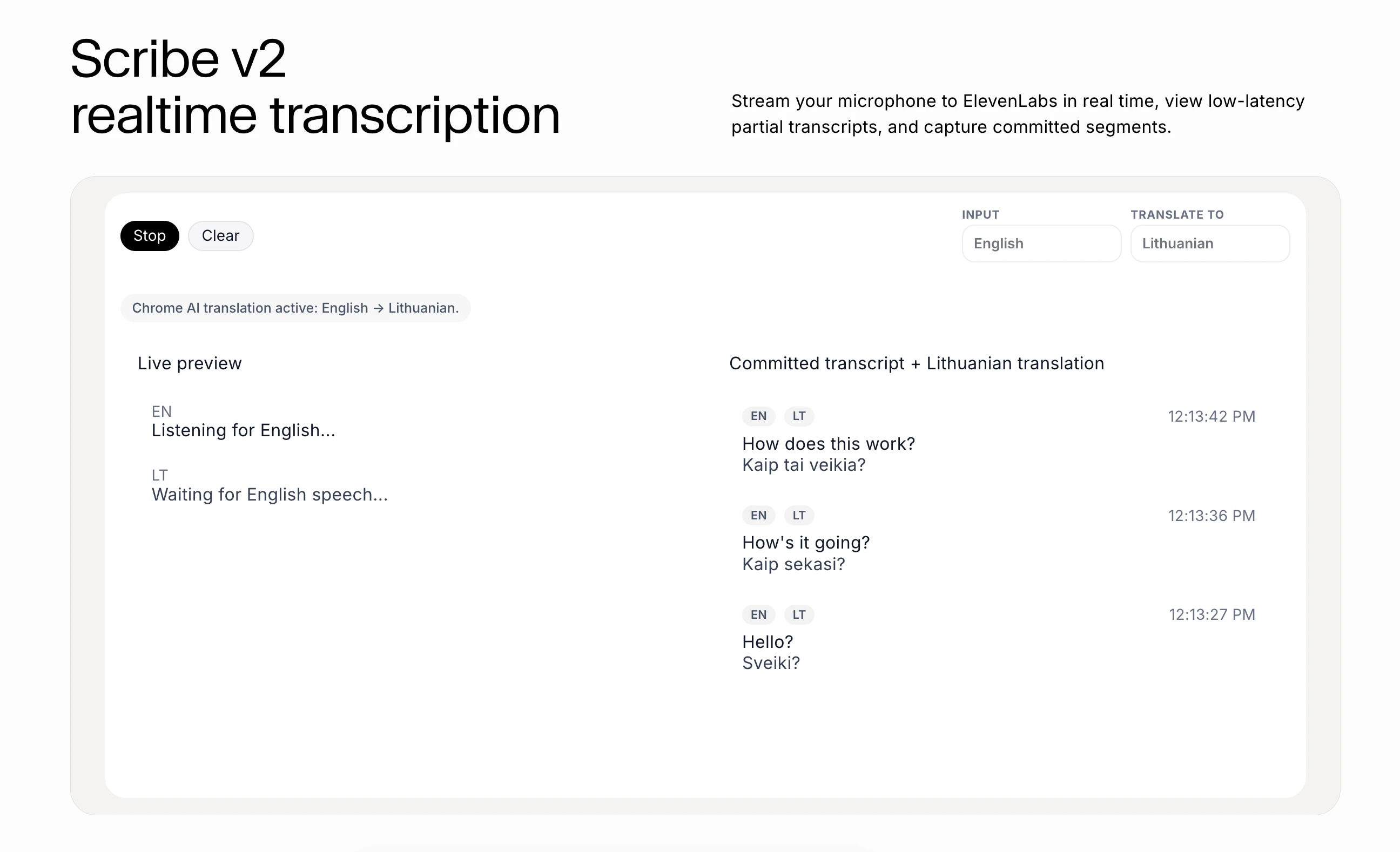 Live transcription on the left and committed transcripts on the right in a list