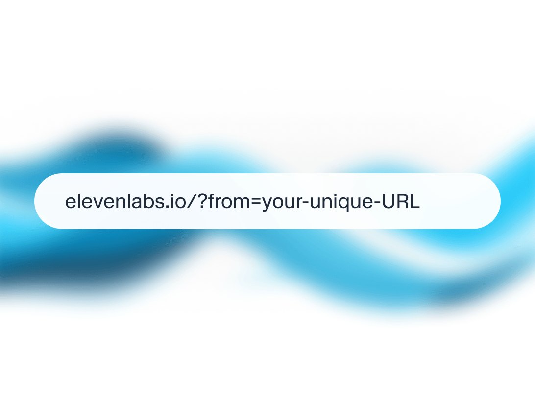 Alt text: A blurred blue and white background with a white oval containing the URL "evelenlabs.io/?from=your-unique-URL".
