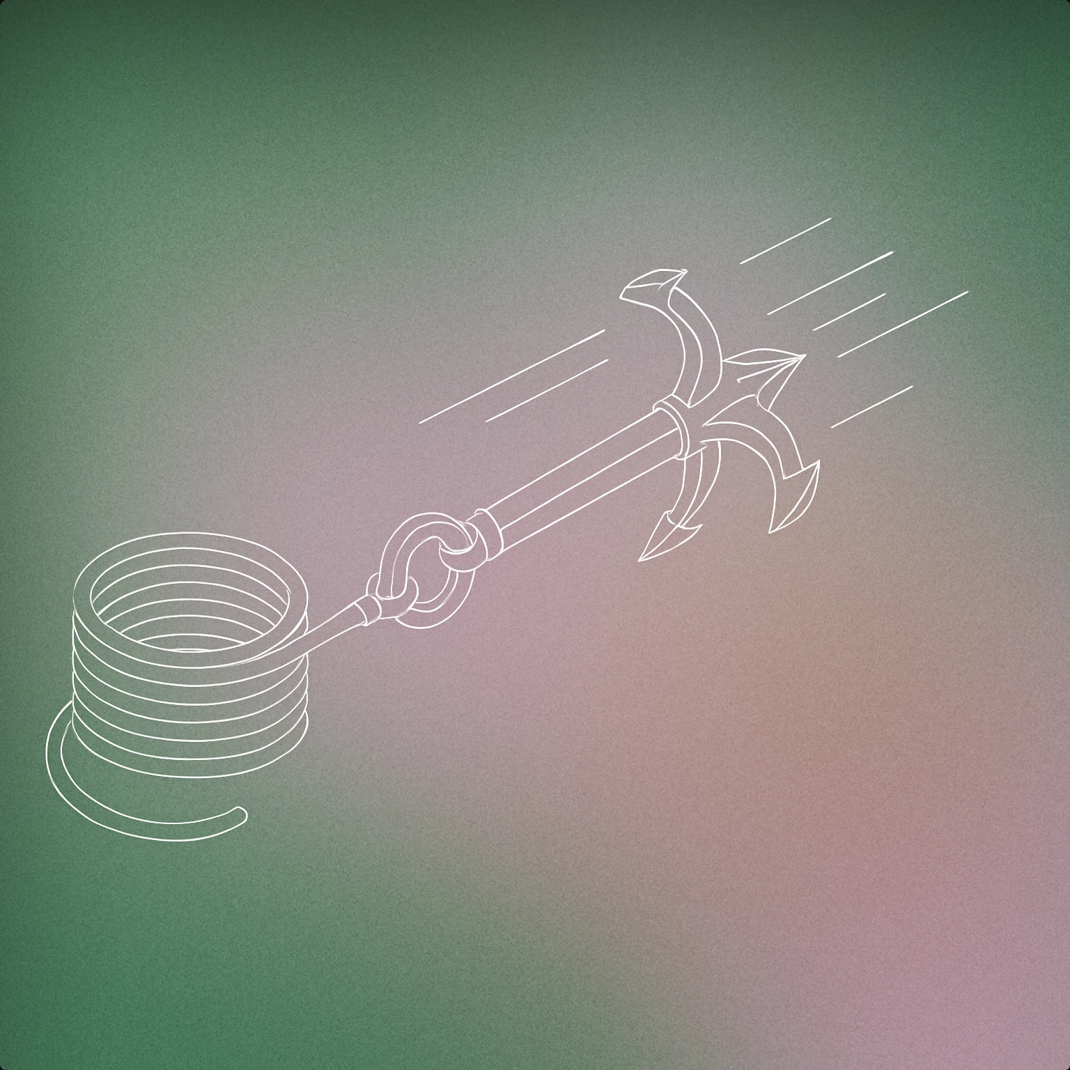 Cover of a stylized grappling hook with a coiled rope, mid-throw, with dynamic motion lines indicating movement toward the viewer for Get Over Here sound effects