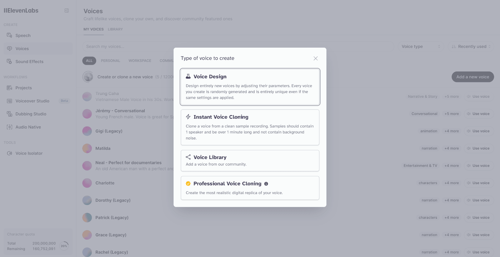 A pop-up window showing options for creating different types of voices, including Voice Design, Instant Voice Cloning, Voice Library, and Professional Voice Cloning.