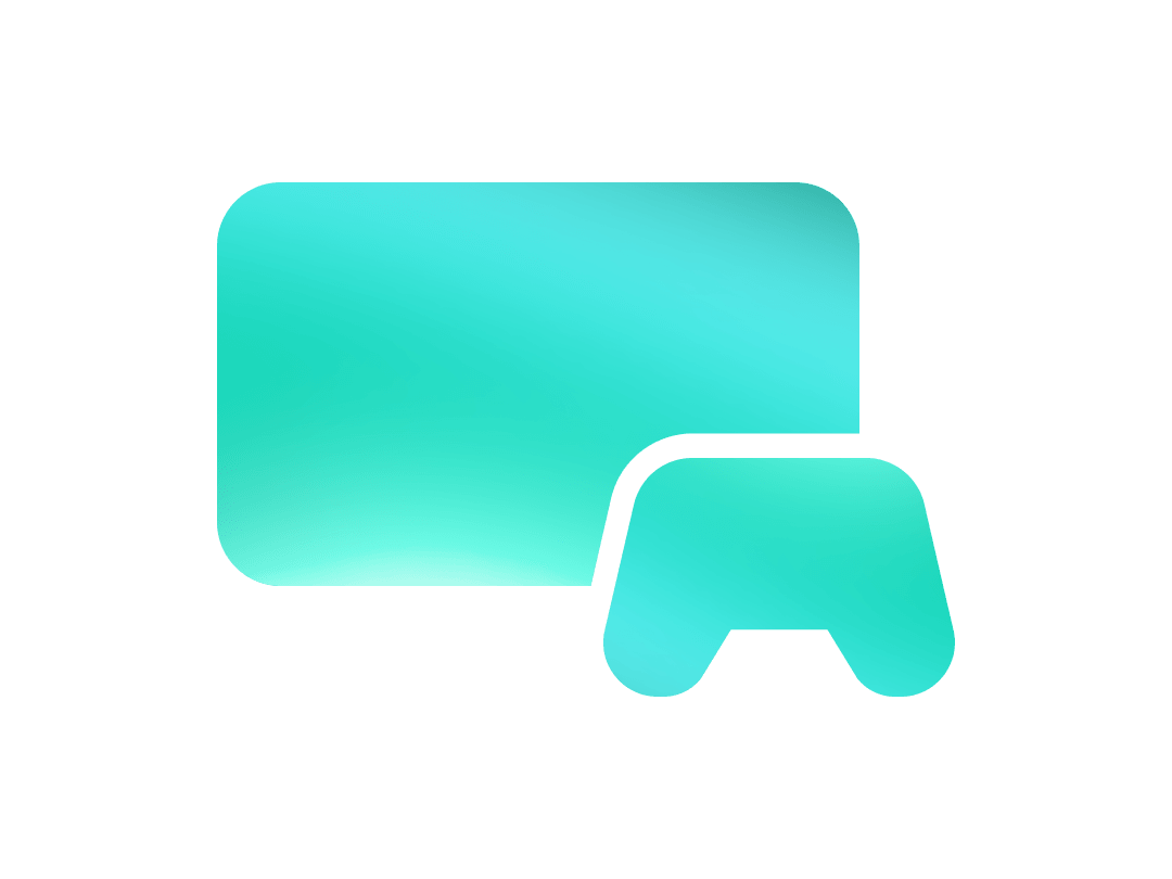 Chat bubble and game controller icons with a gradient blue color.