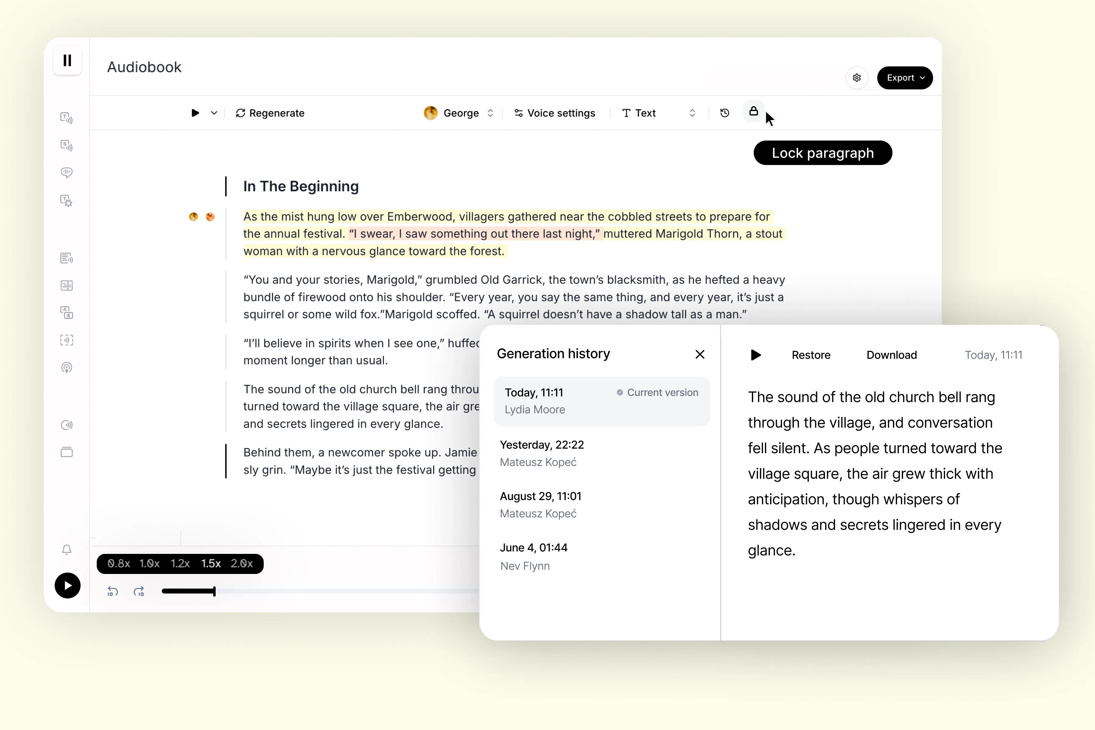A digital audiobook editing interface with text highlighted, a generation history panel, and options for voice settings and exporting.