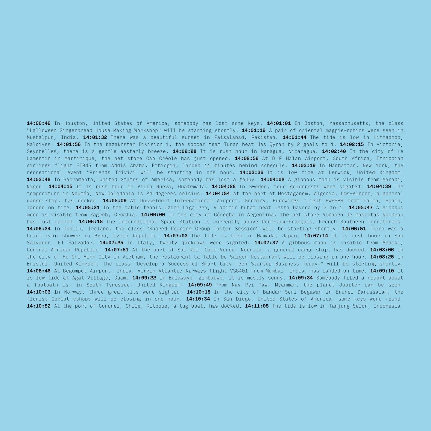 A digital clock displaying various timestamps and news updates on a blue background.