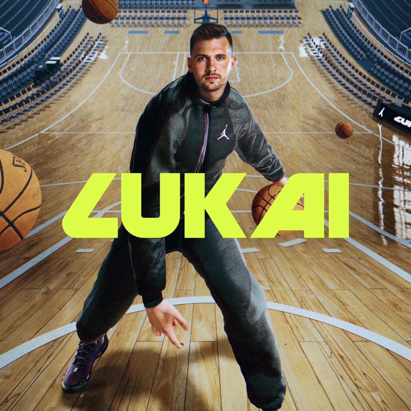 A man in athletic clothing holding a basketball on a basketball court with the name "LUKA" in bold yellow text across the front.