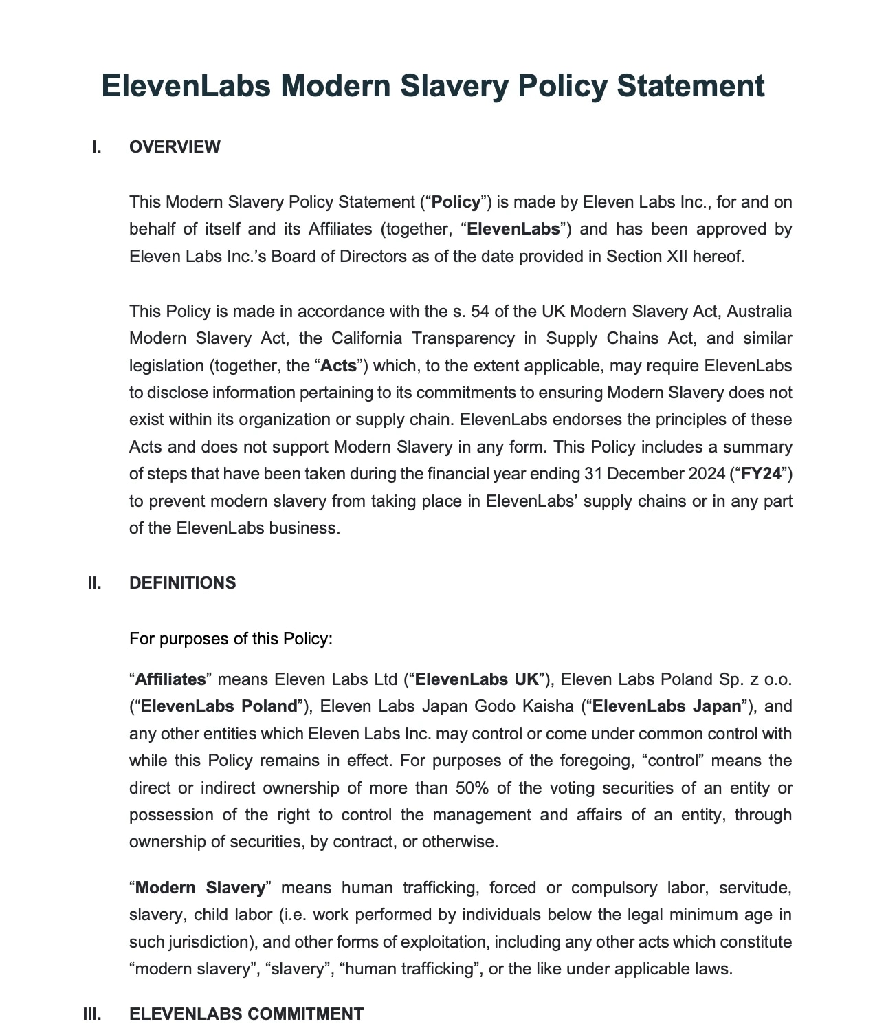 Page 1 of Modern Slavery Policy Statement
