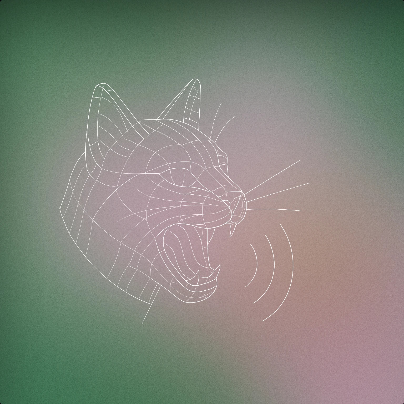Cover of a stylized cat head with an open mouth and three curved lines emanating from the mouth to represent a meow for Cat Meow sound effects