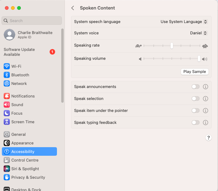 Accessibility settings for spoken content on a computer screen.