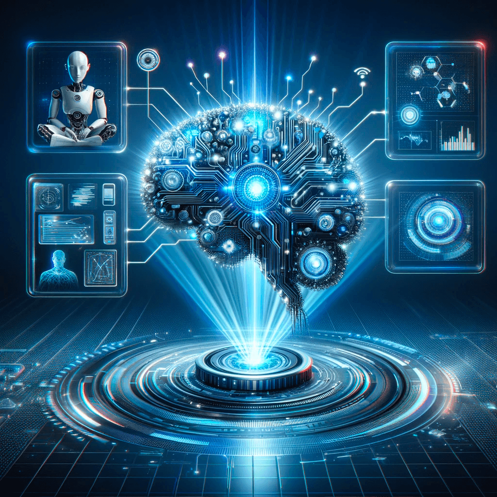 Digital brain with interconnected circuits and holographic data displays.