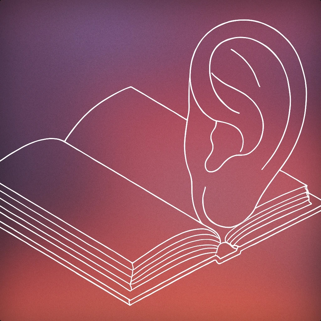 Cover of an open book with a single large ear leaning toward its pages for Curious sound effects