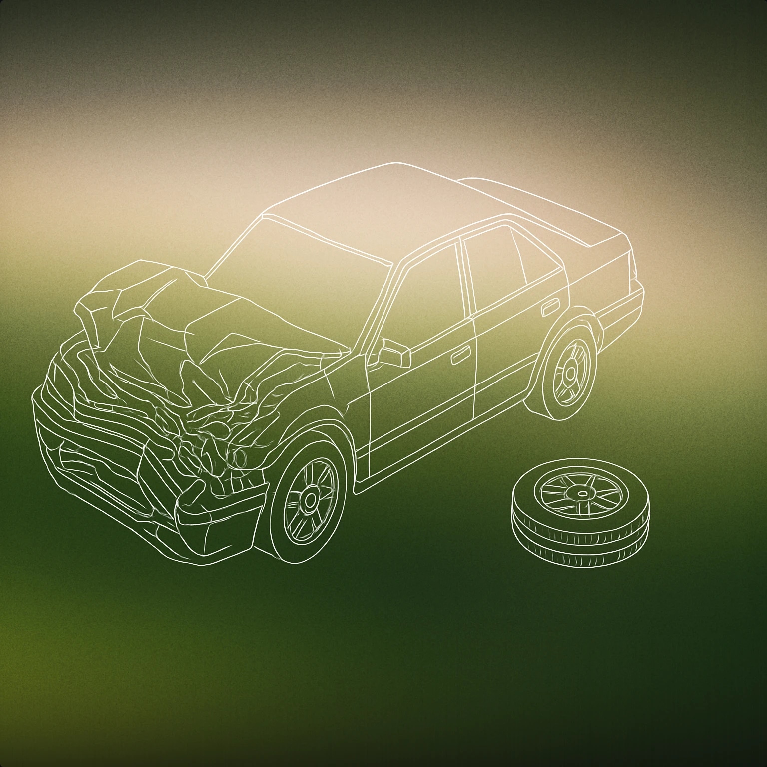 Cover of a crumpled car hood with a single detached wheel nearby for Car Crash sound effects