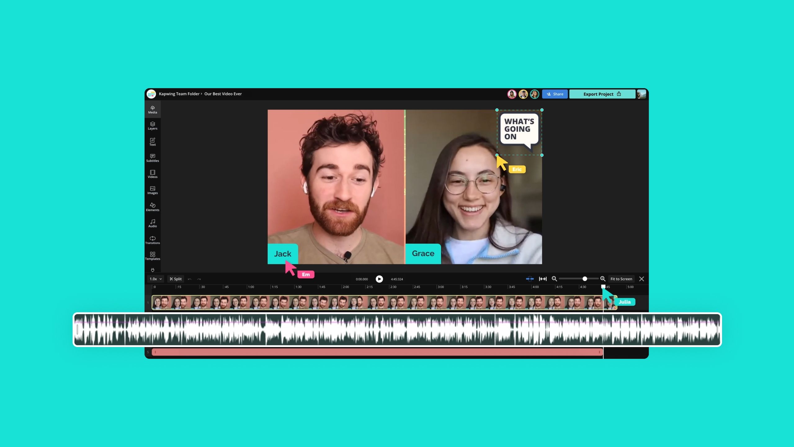Screenshot of a video editing software showing two people in a video call, with labels "Jack" and "Grace," and a speech bubble saying "WHAT'S GOING ON." The timeline with video clips and audio waveforms is visible at the bottom.