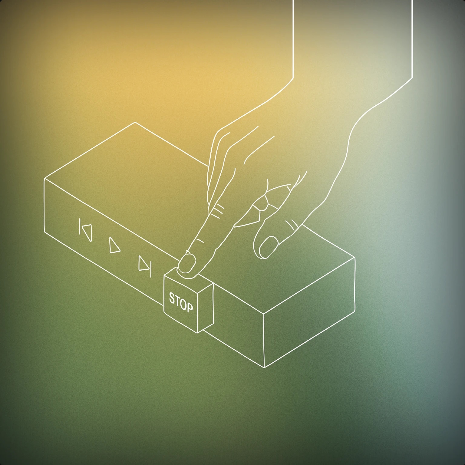 Cover of a hand gently pressing the 'stop' button on a minimalist audio player for Bye Bye sound effects
