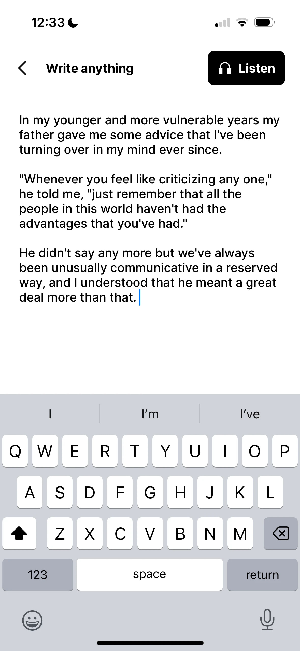 A person writing a reflective text on a mobile device, with a keyboard visible at the bottom of the screen.