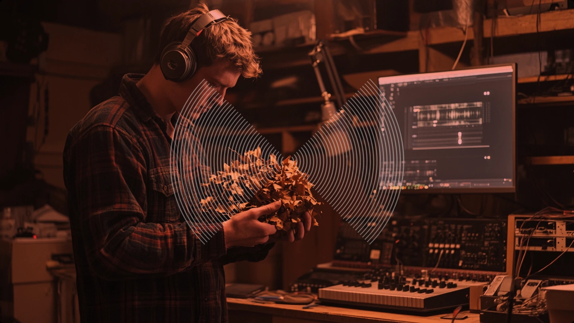 A person wearing headphones in a dimly lit room, holding a cluster of leaves or plants, with a computer monitor displaying audio editing software in the background.