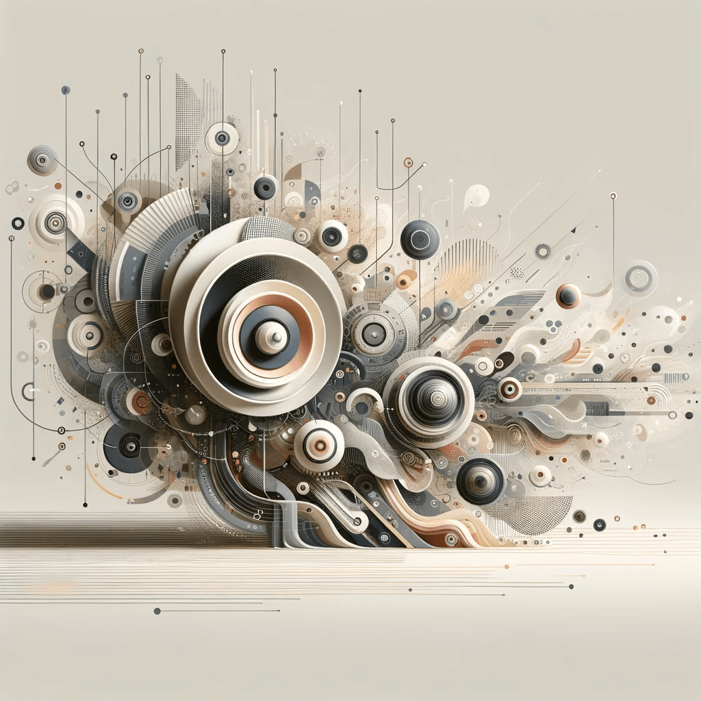 Abstract digital artwork of interconnected gears, circles, and lines in neutral tones.