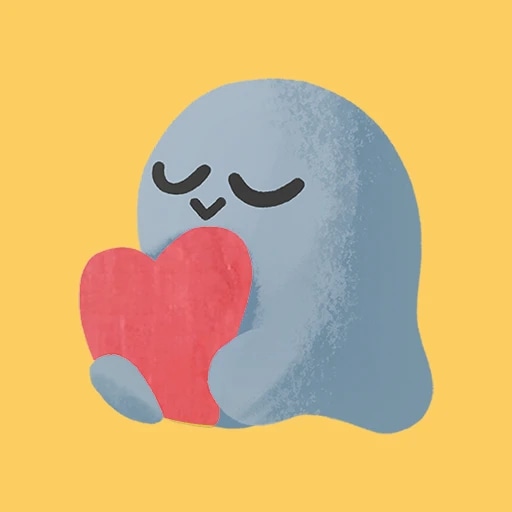 A cute blue character holding a red heart against a yellow background.