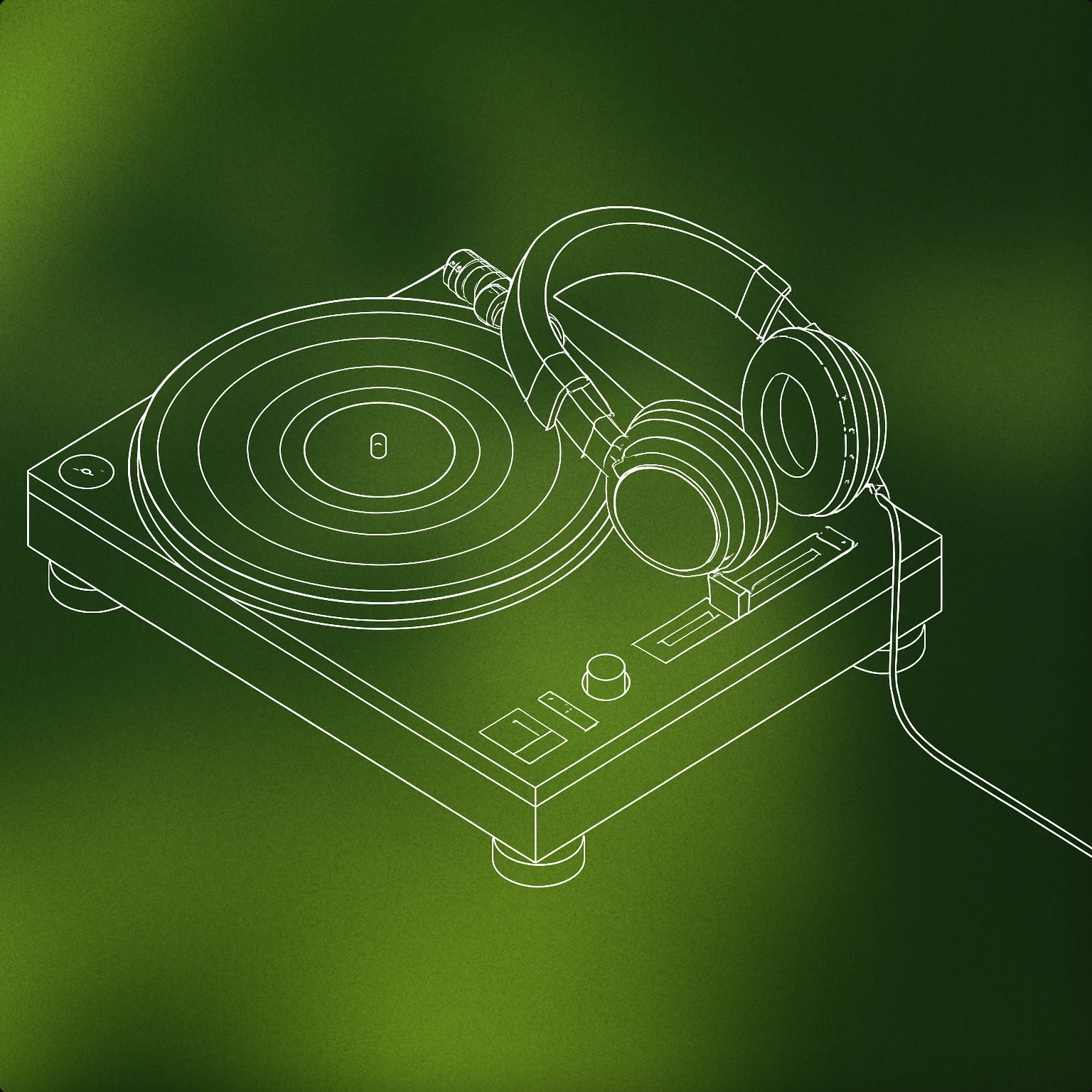 Cover of DJ turntable with a single vinyl record and stylized headphones resting on the edge for Party sound effects