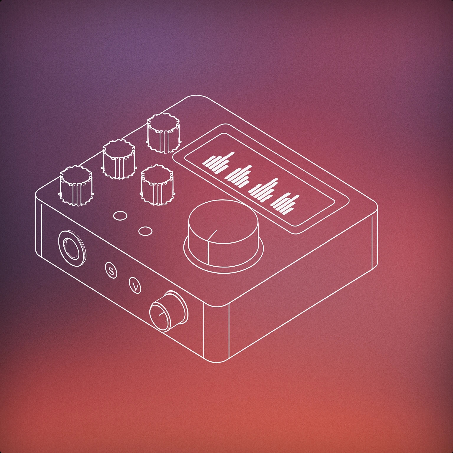 Cover of stylized compact audio interface with pixel-style knobs and a prominent display showing waveform segments for Digital sound effects