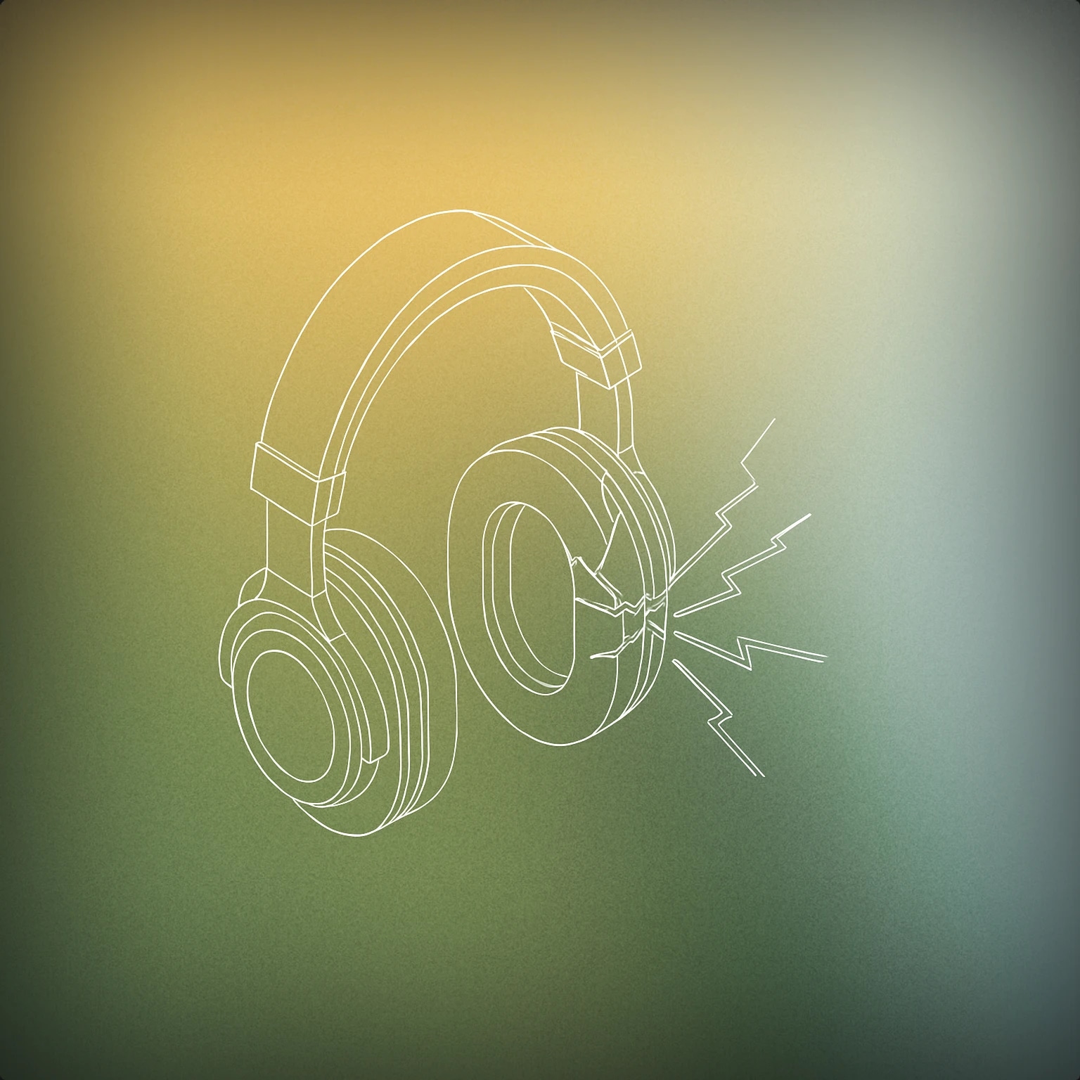 Cover of a pair of headphones with one earcup visibly cracked and soundwaves bursting out from the crack for Shocked sound effects