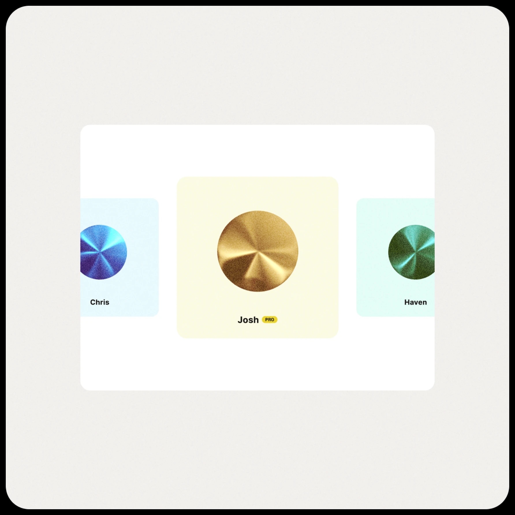 A voice selection interface showing a carousel of distinct, named voices, with pro voices visually differentiated from standard ones.