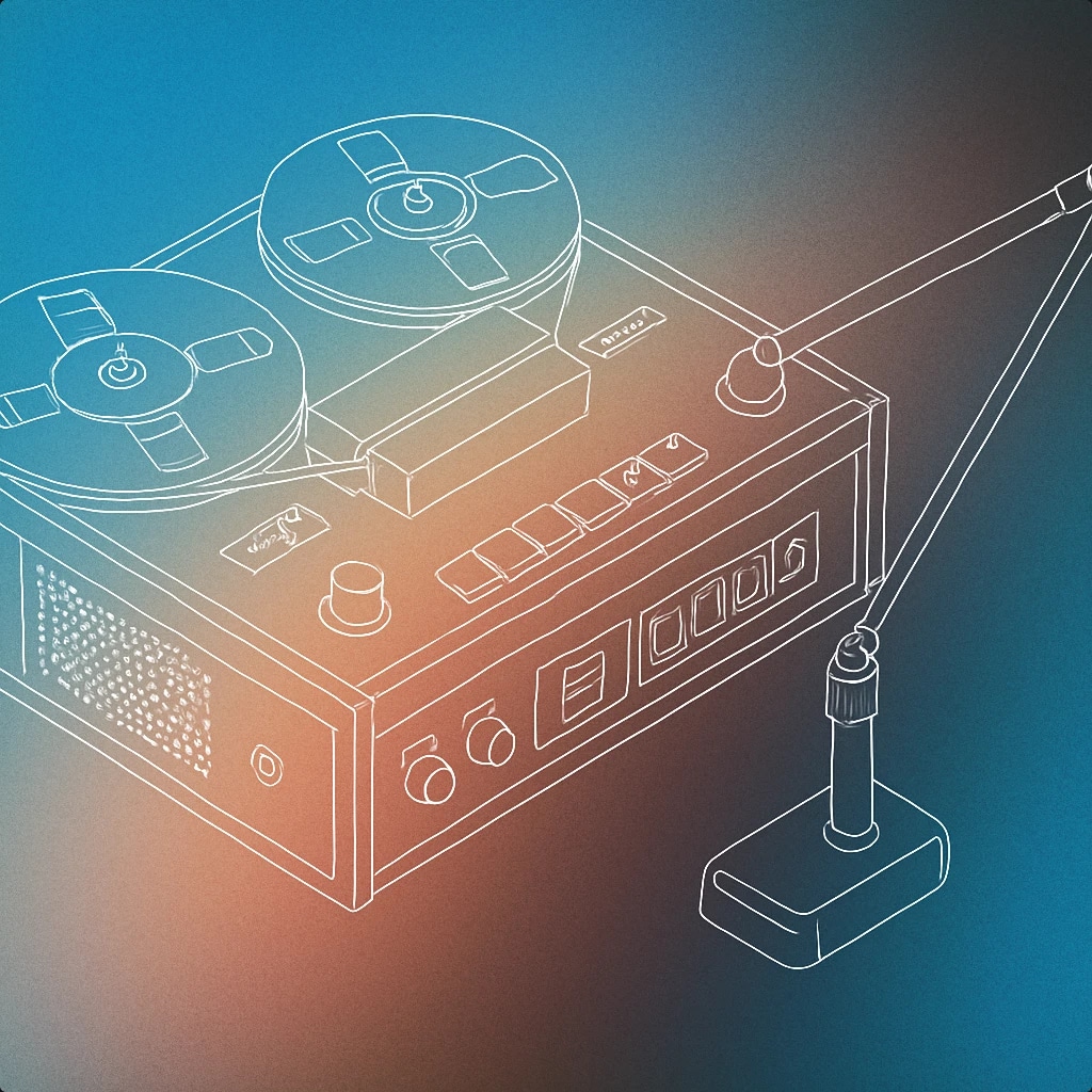 Cover of Retro tape recorder with extended microphone arm for Documentary sound effects