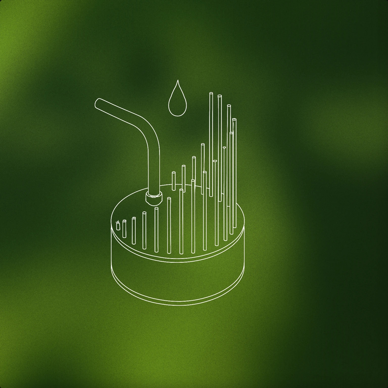 Cover of A stylized waterphone instrument with its cylindrical resonator and vertical rods, shown with a single droplet suspended above it to hint at its water-based sound production for Waterphone sound effects